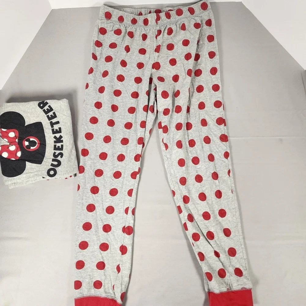 Disney Minnie Mouse Original Mouseketeer Pajama Set Grey Red Polka Dot Womens M
